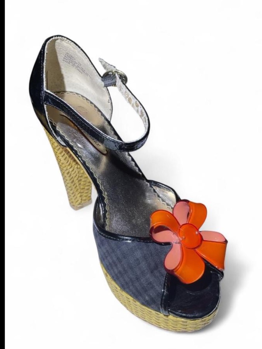 Poetic Licence Black Platform Peep-Toe Heels with Orange Flower Accent - Picture 4 of 7